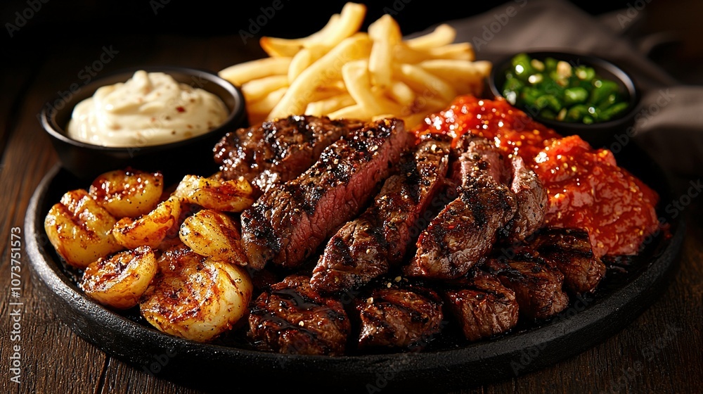   A photo of steak, fries, and coleslaw on a wooden plate