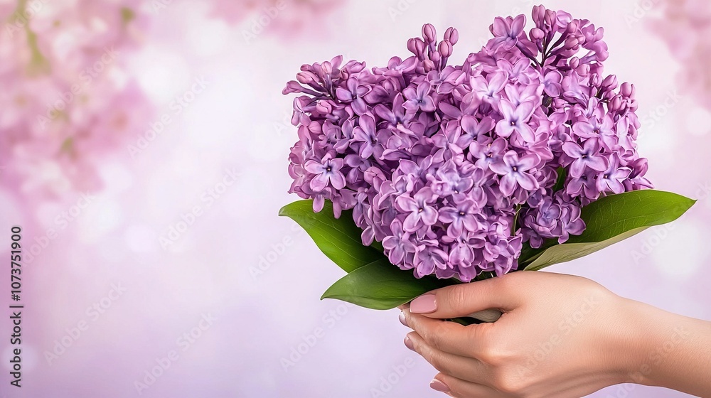 A woman holds a bouquet of lilacs against a pink flower background A woman holds a bouquet of lilacs against a pink flower background
