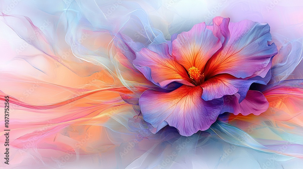 A painting featuring a pink and blue bloom set against a white and blue backdrop, with an orange blossom as its focal point A painting featuring a pink and blue bloom set against a white and blue backdrop, with an orange blossom as its focal point