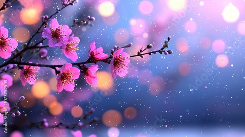   A tree with pink flowers in the foreground and a blue sky in the background
