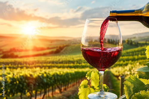 Wine glass with poured red wine and vineyard landscape of sunshine