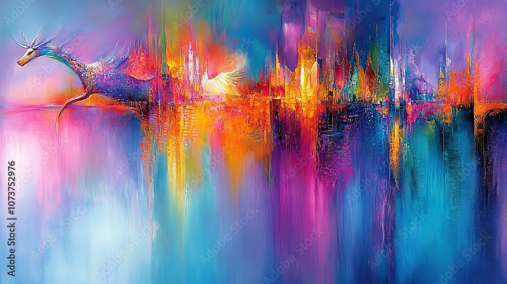 Naklejka premium Horse amidst cityscape with towering buildings & blue sky in background