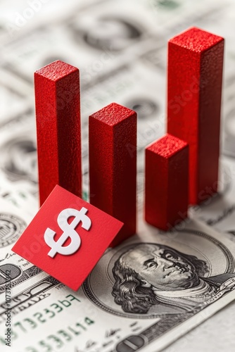 Red bars represent financial growth on a background of dollar bills, symbolizing economic progress and success in investments. photo