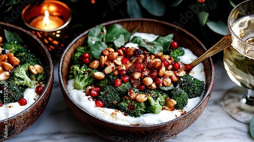  A close-up of a bowl with broccoli and cranberries on a table, next to a glass of wine