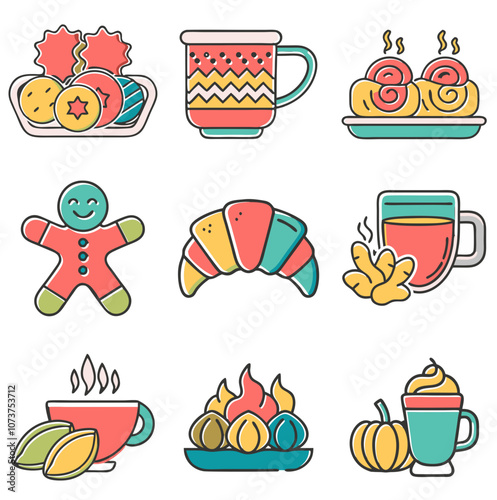 Festive food and drink icons including cookies, hot beverages, and pastries, holiday treats theme 