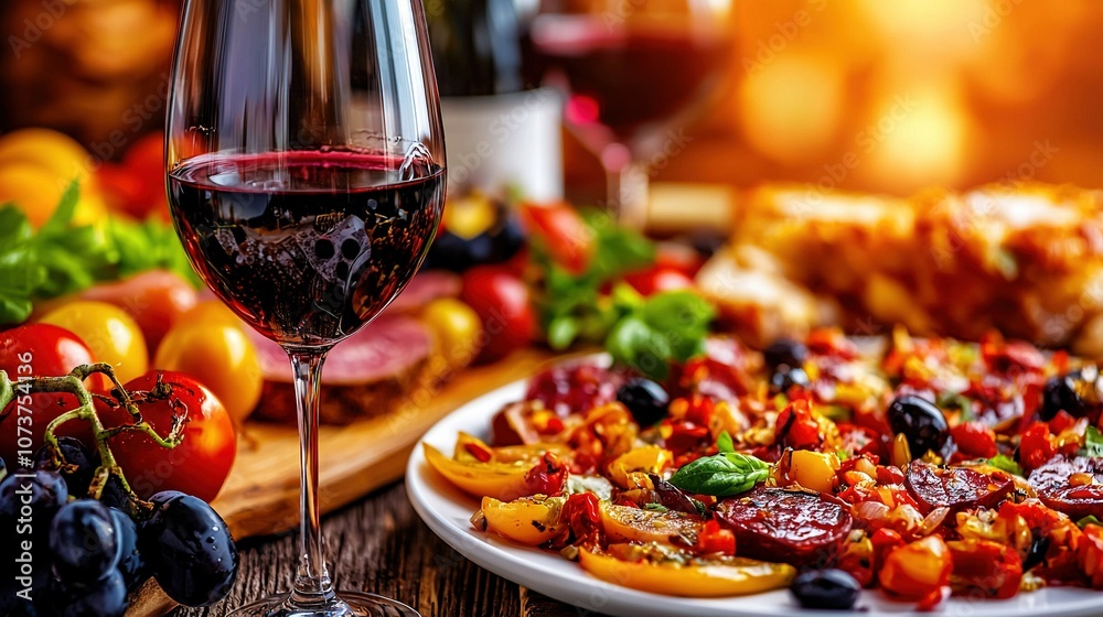 A close-up shot of a table with a glass of wine and a plate of food in focus A close-up shot of a table with a glass of wine and a plate of food in focus