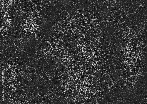 Grainy white texture on black background. Grunge dotted effect, abstract layout with small dots. Vector illustration