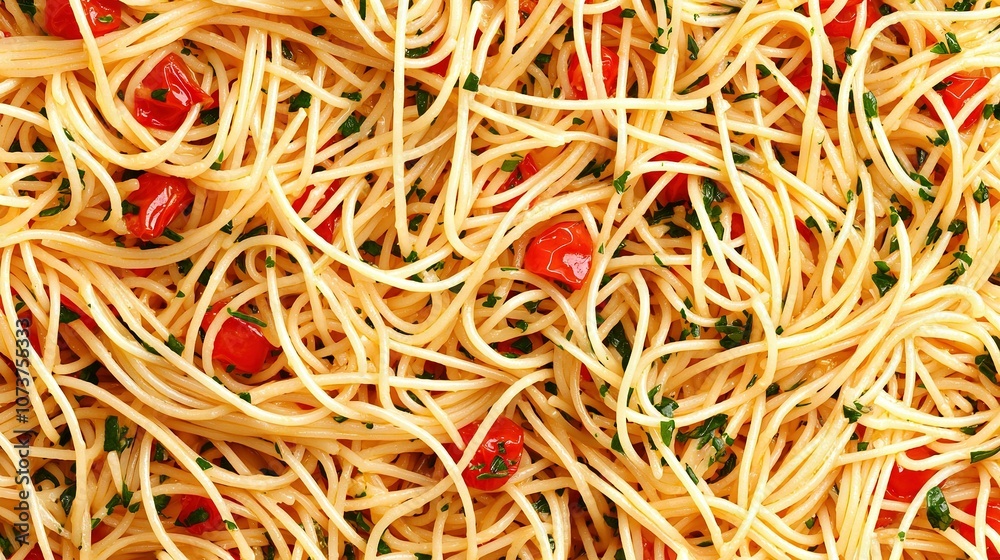 A macro shot of spaghetti adorned with juicy cherry tomatoes, creamy Parmesan, and fragrant parsley A macro shot of spaghetti adorned with juicy cherry tomatoes, creamy Parmesan, and fragrant parsley