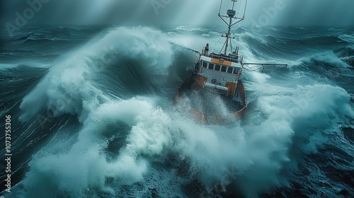 A small fishing boat battles powerful waves in the midst of a raging storm, with dark clouds and heavy rain all around. photo