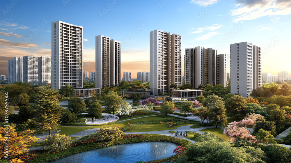 Modern skyscrapers surround a lush urban park with a tranquil pond, creating a harmonious blend of nature and architecture at sunset. Modern skyscrapers surround a lush urban park with a tranquil pond, creating a harmonious blend of nature and architecture at sunset.