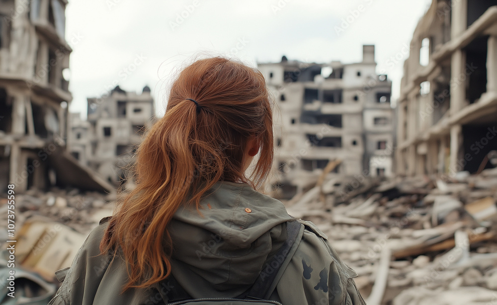 Fototapeta premium Woman Observing Building Ruins: A woman with red hair stands facing the rubble of a destroyed building, symbolizing loss and resilience.