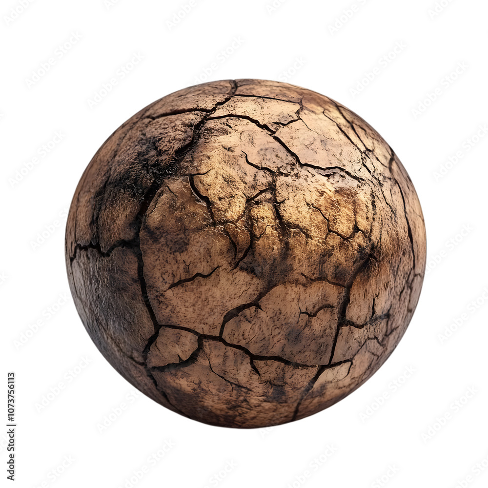 A cracked, textured sphere resembling dry earth or soil. A cracked, textured sphere resembling dry earth or soil.