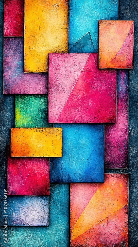 Fototapeta premium Multicolored squares and rectangles on a black canvas, centered by a red, yellow, blue, and green rectangle
