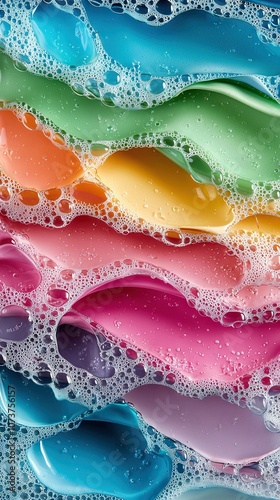  A close-up of various colored soaps floating in foamy water with visible bubbles