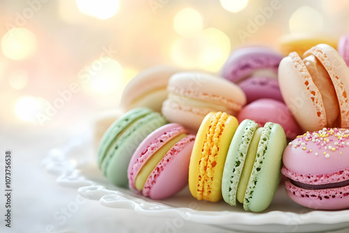 A delightful assortment of pastel macarons on a decorative plate with a dreamy background