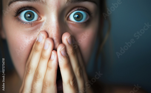 Frightened Girl Covering Mouth in Shock: Close-up of a young girl with wide eyes and hands covering her mouth, expressing fear and surprise.