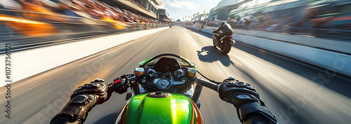 Seen from over riders point of view. Motorcyclist riding on high-speed race track. Competitive motorbike racing photo