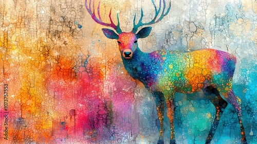   A colorful painting of a deer with antlers on its head and back photo