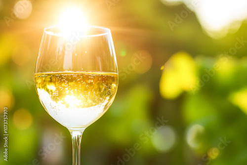 Wine glass with poured white wine and vineyard landscape of sunshine