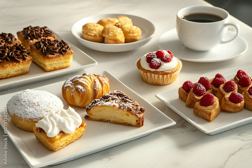 Enjoying a delightful assortment of pastries and coffee at a cozy café in the morning Enjoying a delightful assortment of pastries and coffee at a cozy café in the morning
