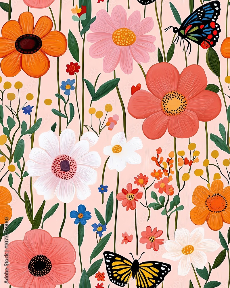 seamless pattern design cute pastel illustration animal, Colorful floral pattern with butterflies and blooms. seamless pattern design cute pastel illustration animal, Colorful floral pattern with butterflies and blooms.