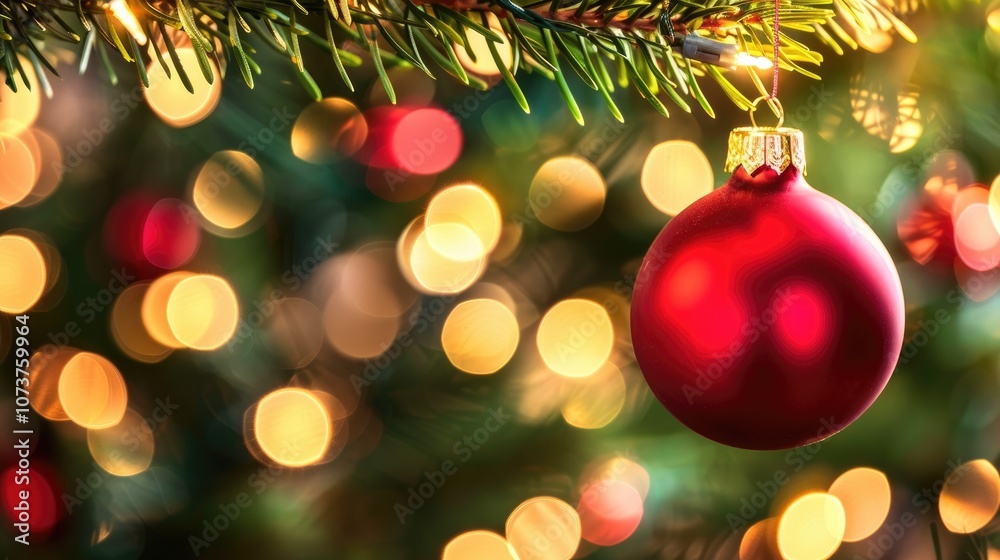 A festive red ornament hangs on a Christmas tree, with soft, blurred lights in the background creating a warm holiday atmosphere. A festive red ornament hangs on a Christmas tree, with soft, blurred lights in the background creating a warm holiday atmosphere.