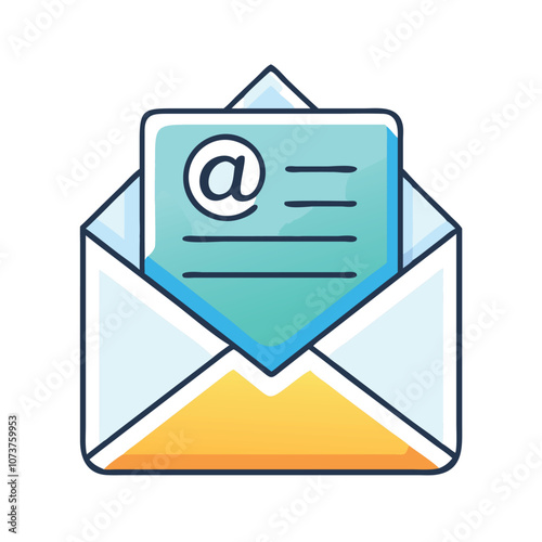 Open email icon with at symbol letter, Vector illustration of an open email icon with a letter featuring an "at" symbol. Ideal for communication, messaging, and email application designs.
