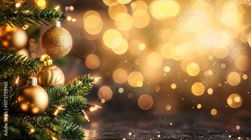 A beautifully decorated Christmas tree with golden ornaments and shimmering lights, set against a warm glowing background.