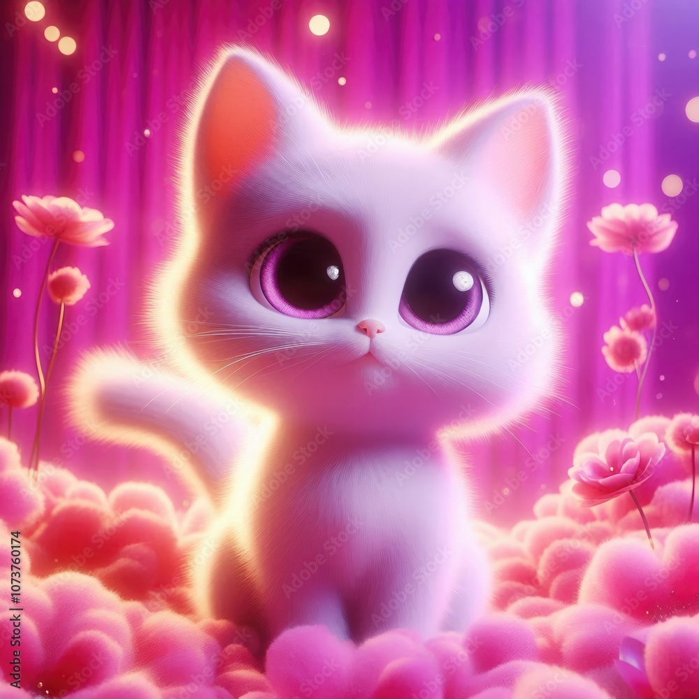Adorable cartoon cat with big eyes, surrounded by vibrant pink flowers against a dreamy backdrop, perfect for pet-related businesses and children's products. Adorable cartoon cat with big eyes, surrounded by vibrant pink flowers against a dreamy backdrop, perfect for pet-related businesses and children's products.