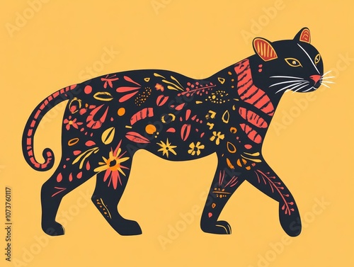 Adorable linear panther in a boho style Contemporary abstract artwork featuring a playful cosmic wild cat in a fun minimalist design Perfect for a unique animal themed poster photo