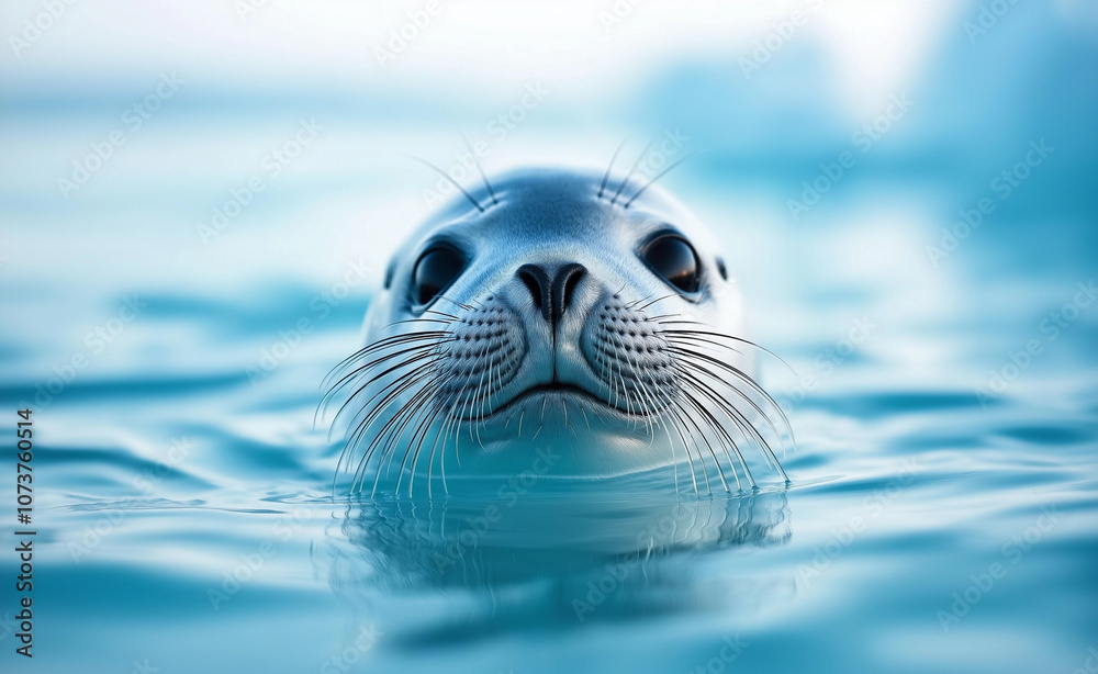 Fototapeta premium Seal Emerging from Water: Adorable seal poking its head above the surface of calm blue water, creating a peaceful and curious scene.