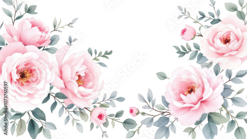 Watercolor Pink Floral Garland Border. Rose and Peony Bouquet with Greenery, Elegant Frame for Greeting Cards and Wedding Invitations, Transparent Background