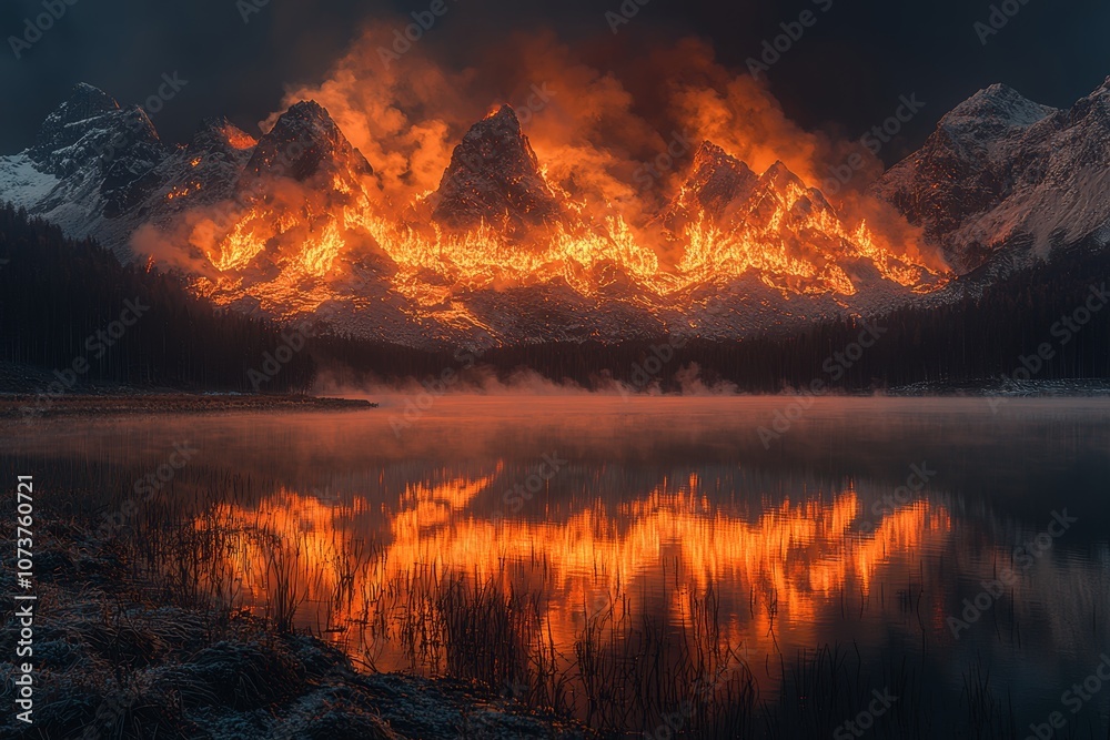 Majestic mountain ablaze: fiery peaks reflecting over tranquil lake Majestic mountain ablaze: fiery peaks reflecting over tranquil lake