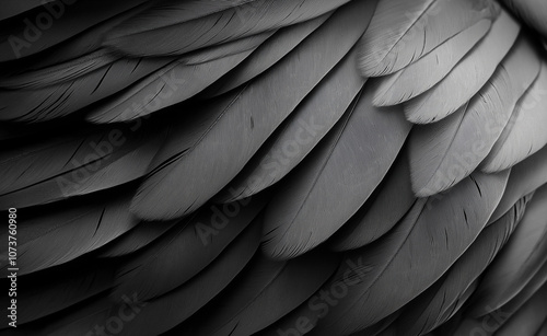 Black Feathers Texture: Close-up texture of layered black feathers, showing intricate details and natural pattern. photo