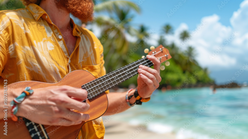 Fototapeta premium With an enchanting ocean view and palm trees surrounding him, a handsome redhead plays uplifting tunes on his ukulele, radiating joy and relaxation