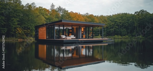 Modern cabin on a lake with a reflection of the building in the water.