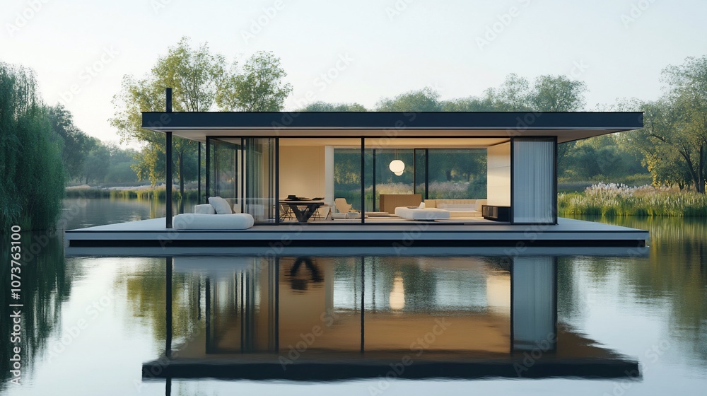 Modern floating home on a calm lake with trees and reflections in the water. Modern floating home on a calm lake with trees and reflections in the water.