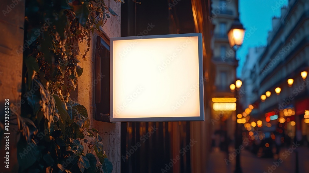 Illuminated square lightbox sign on the side of a street at dusk Illuminated square lightbox sign on the side of a street at dusk