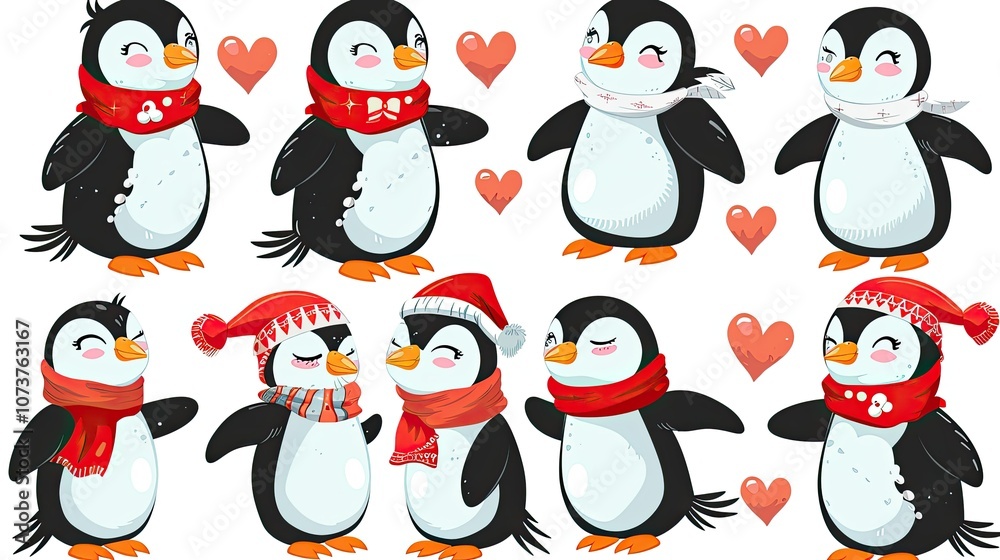 Fototapeta premium A set of cute cartoon penguins 