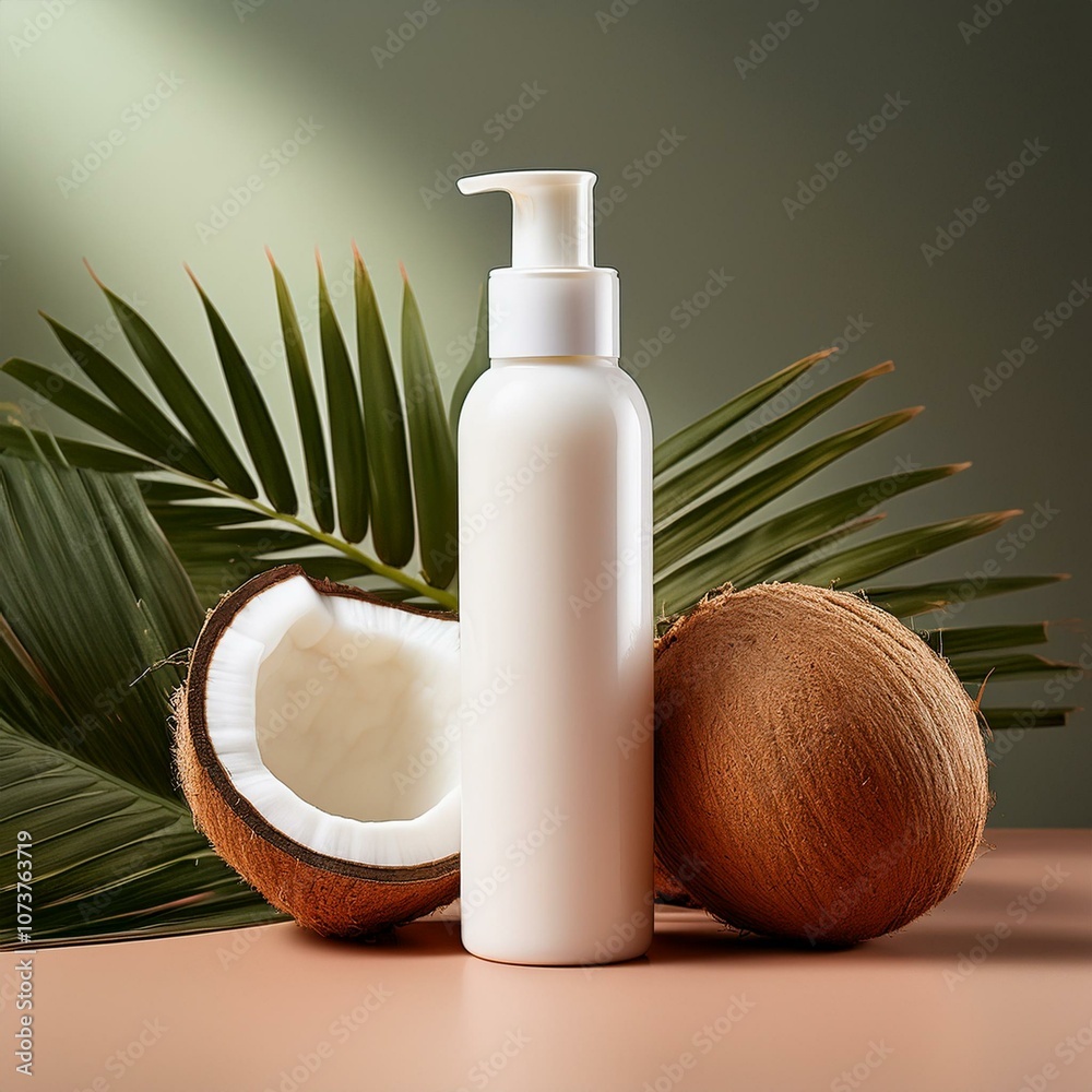 white lotion bottle on white table with coconut and palm leaves, product mockup template white lotion bottle on white table with coconut and palm leaves, product mockup template
