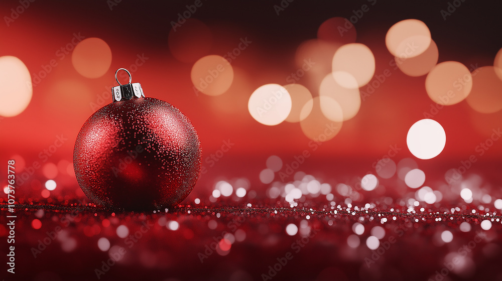 Red Christmas ornament on a sparkling red background with warm bokeh lights. Red Christmas ornament on a sparkling red background with warm bokeh lights.