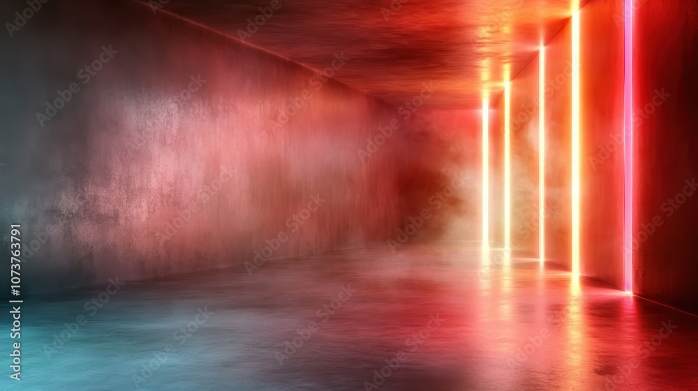 Fototapeta premium A corridor highlighted with neon lights casting a moody ambiance, presenting an abstract glimpse into modernity and urban sophistication.