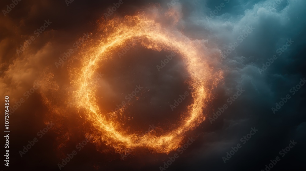 A captivating fiery ring suspended in a thick, dramatic cloud abyss, radiating a sense of mysterious power and tranquil harmony in the sky. A captivating fiery ring suspended in a thick, dramatic cloud abyss, radiating a sense of mysterious power and tranquil harmony in the sky.
