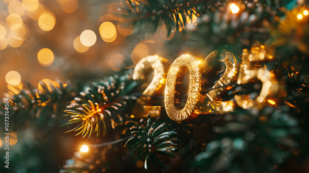 The numbers 2025 are volumetric and golden among the branches of a Christmas tree, selective focus. New Year 2025. Decorations and garlands on a Christmas tree. Festive background The numbers 2025 are volumetric and golden among the branches of a Christmas tree, selective focus. New Year 2025. Decorations and garlands on a Christmas tree. Festive background