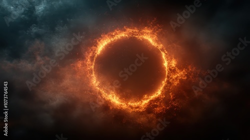 A glowing ring of fire set amidst a backdrop of dark, mysterious clouds, creating an eerie yet captivating effect of energy and light in the vast sky.