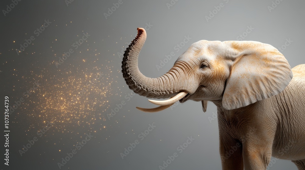 Obraz premium A majestic elephant raises its trunk amidst a shower of golden glittering particles, creating a magical and enchanting visual effect filled with wonder and awe.