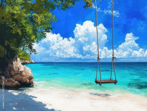 Swinging in clear azure water near a white sandy beach showcasing a tropical paradise coastline with stunning natural beauty photo