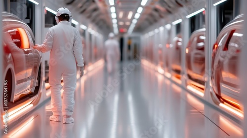 The image showcases a worker inspecting cars on a modern, illuminated production line, emphasizing efficiency and precision in automotive manufacturing processes. photo