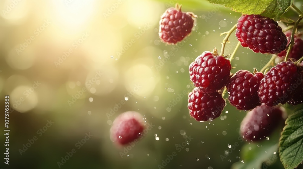 Image of ripe raspberries hanging from branches with morning sunlight filtering through, creating a serene and inviting atmosphere that celebrates natural abundance. Image of ripe raspberries hanging from branches with morning sunlight filtering through, creating a serene and inviting atmosphere that celebrates natural abundance.