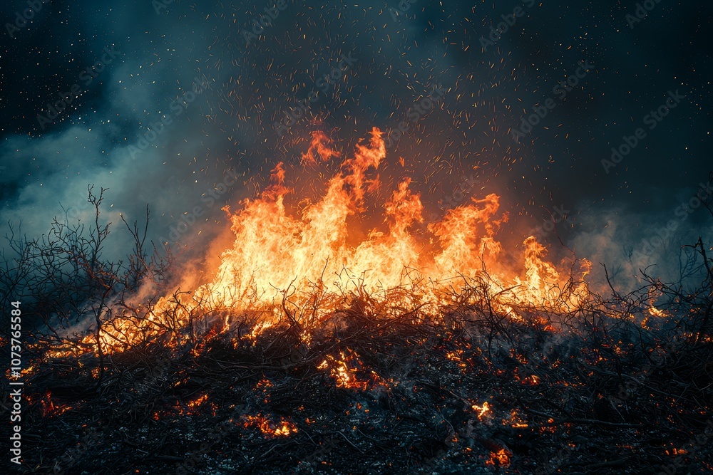 Intense wildfire blaze in forest: climate impact and environmental crisis Intense wildfire blaze in forest: climate impact and environmental crisis